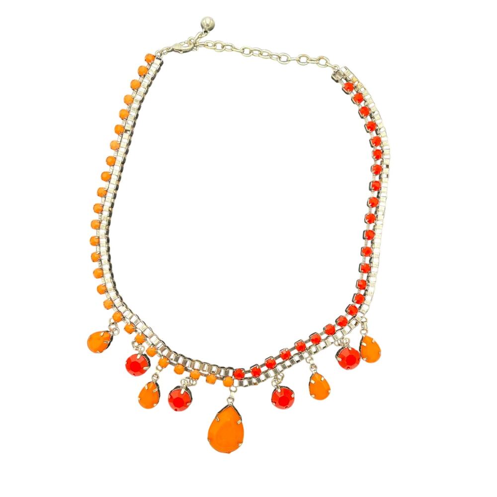 Vintage Orange Red Faux Lucite Gem Fringe Drop Choker Statement Necklace Costume